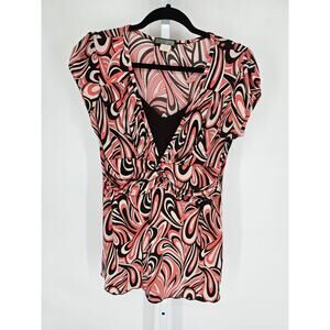 Y2K JTB Womens Sz L Short Sleeve Tunic Length Blouse Top Pink Black Abstract